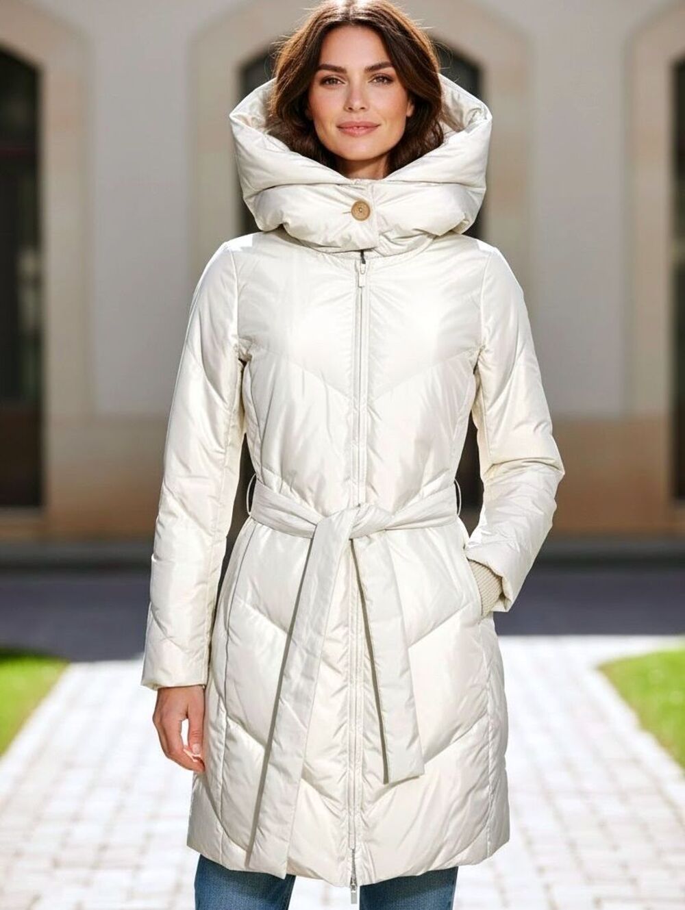 BCBG MaxAzria Womens XXS Cream Lightweight Puffer Coat Oversized Collar Tie Belt